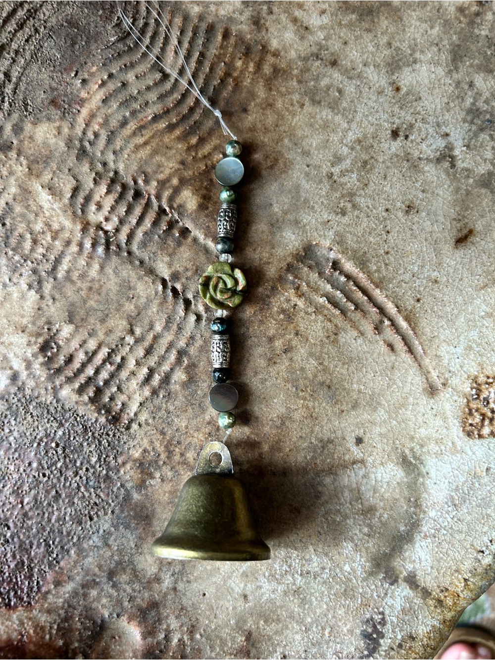 Brass Bell Hanging Chime with Green Rose Bead